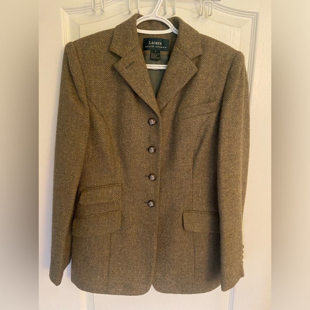 Vintage “old money” Ralph Lauren Tan/sage green Herringbone Equestrian Blazer